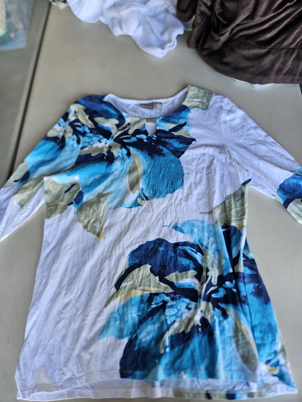 Chico's White Long Sleeve Top with Blue & Teal Floral Print